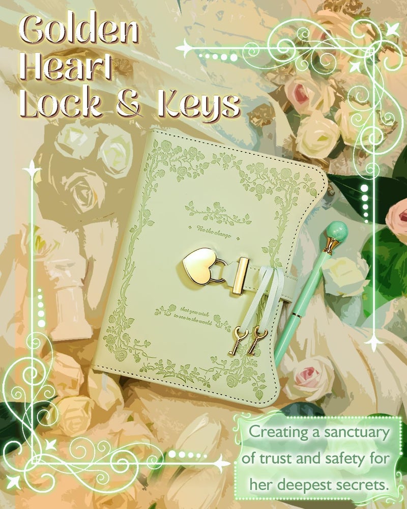 hi!SCI Diary with Lock and Keys for Girls & Women, 360 Pages Journal with Lock for Girls Gift Ideas, Girls Locking Diary with Pen, Cute Journals Set for Teen Girls Ages 8-12 (Rose Garden, Green) - Image 5